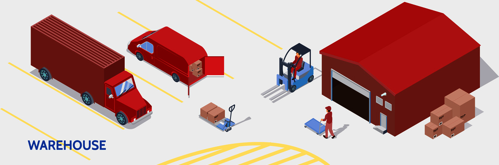 Conjunto de pancartas isométricas horizontales con almacenamiento de mercancías de servicios de logística en almacén, ilustración vectorial aislada del centro de clasificación